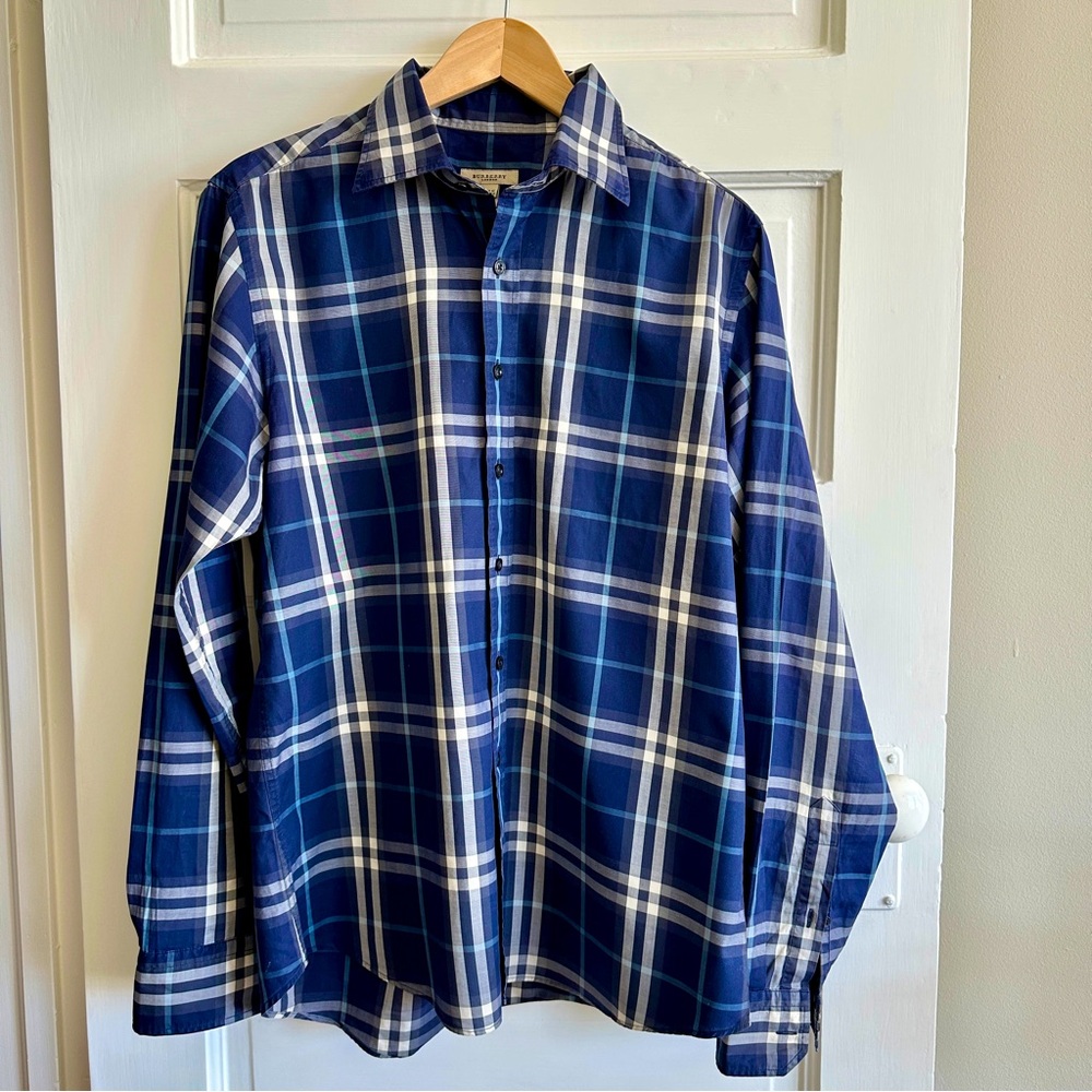Burberry Navy and White‎ Plaid Casual Shirt, Sz L